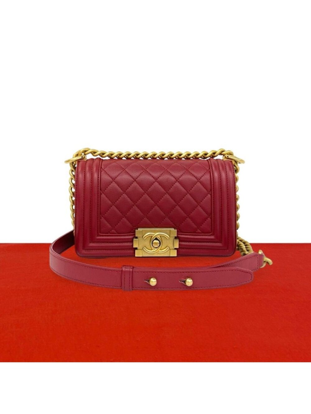 Chanel Boy Quilted CC Logo Lambskin 2-Way Shoulder Bag Red